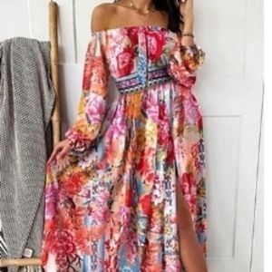 Boho Off Shoulder Dress with Bright Floral Print